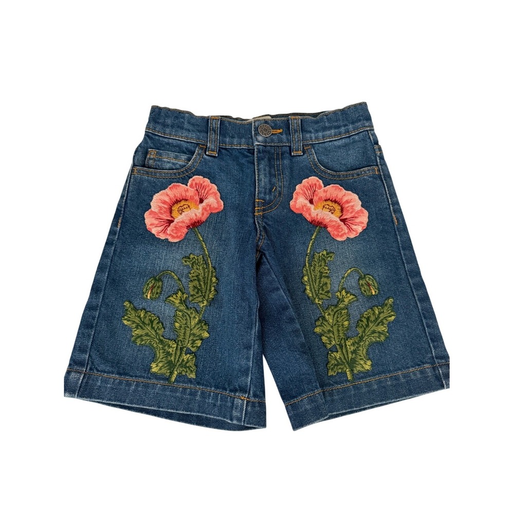 Gucci Kids Floral Embroidery Blue Denim Cotton Shorts Size 4